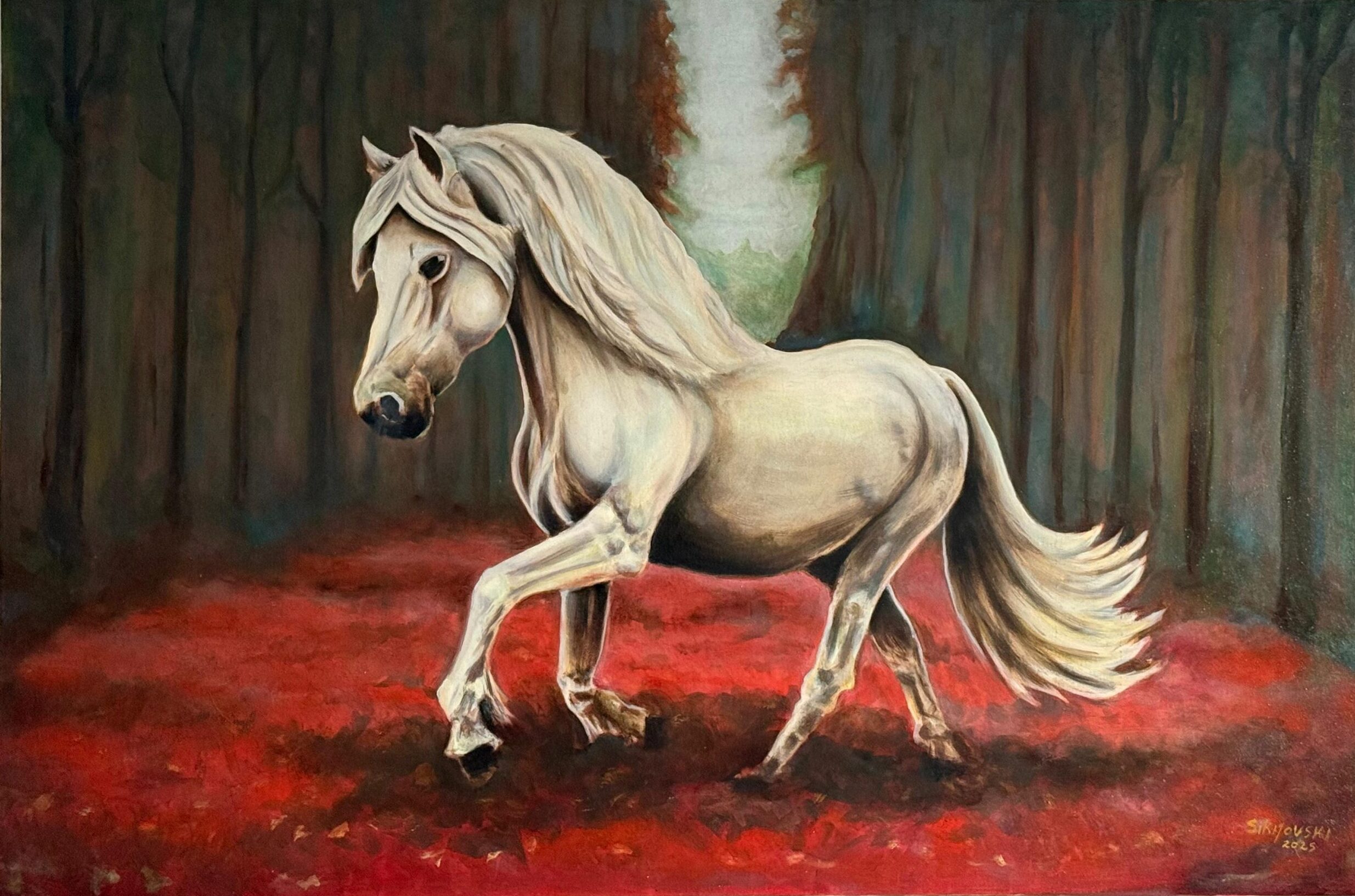 White horse standing or moving in a natural landscape canvas painting