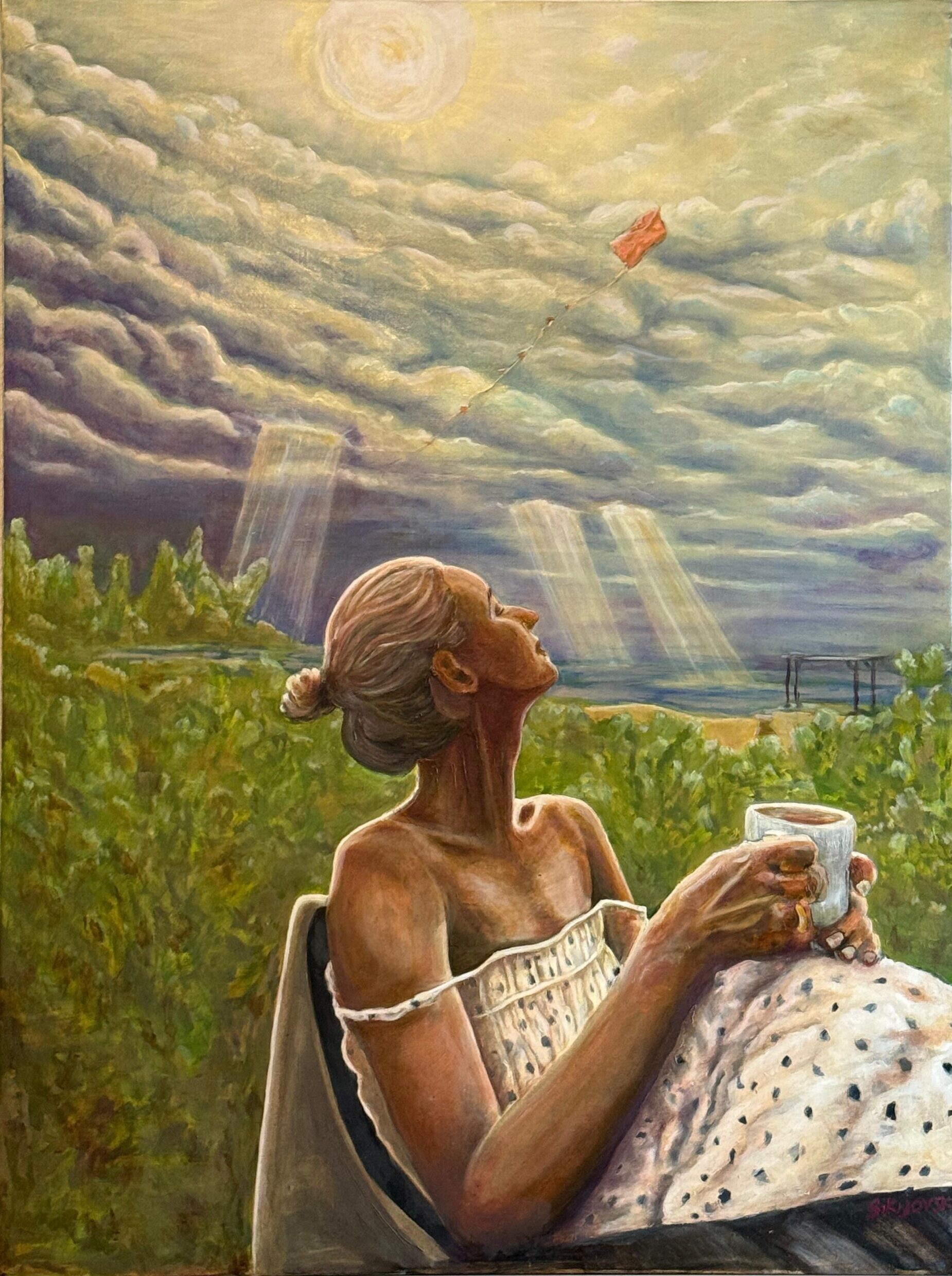 Woman enjoying coffee in meadow under open sky canvas painting
