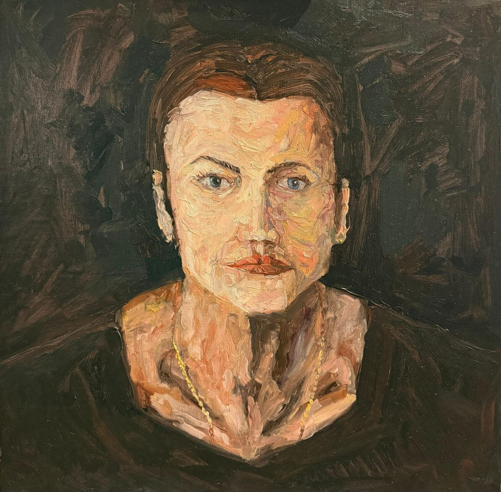 Portrait of medieval woman on dark coffee toned background canvas painting